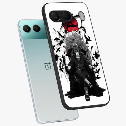 Uchiha Shadow Throne Glass Case for 1+Nord 4 angled mockup showcasing glossy finish and dramatic shadow detailing