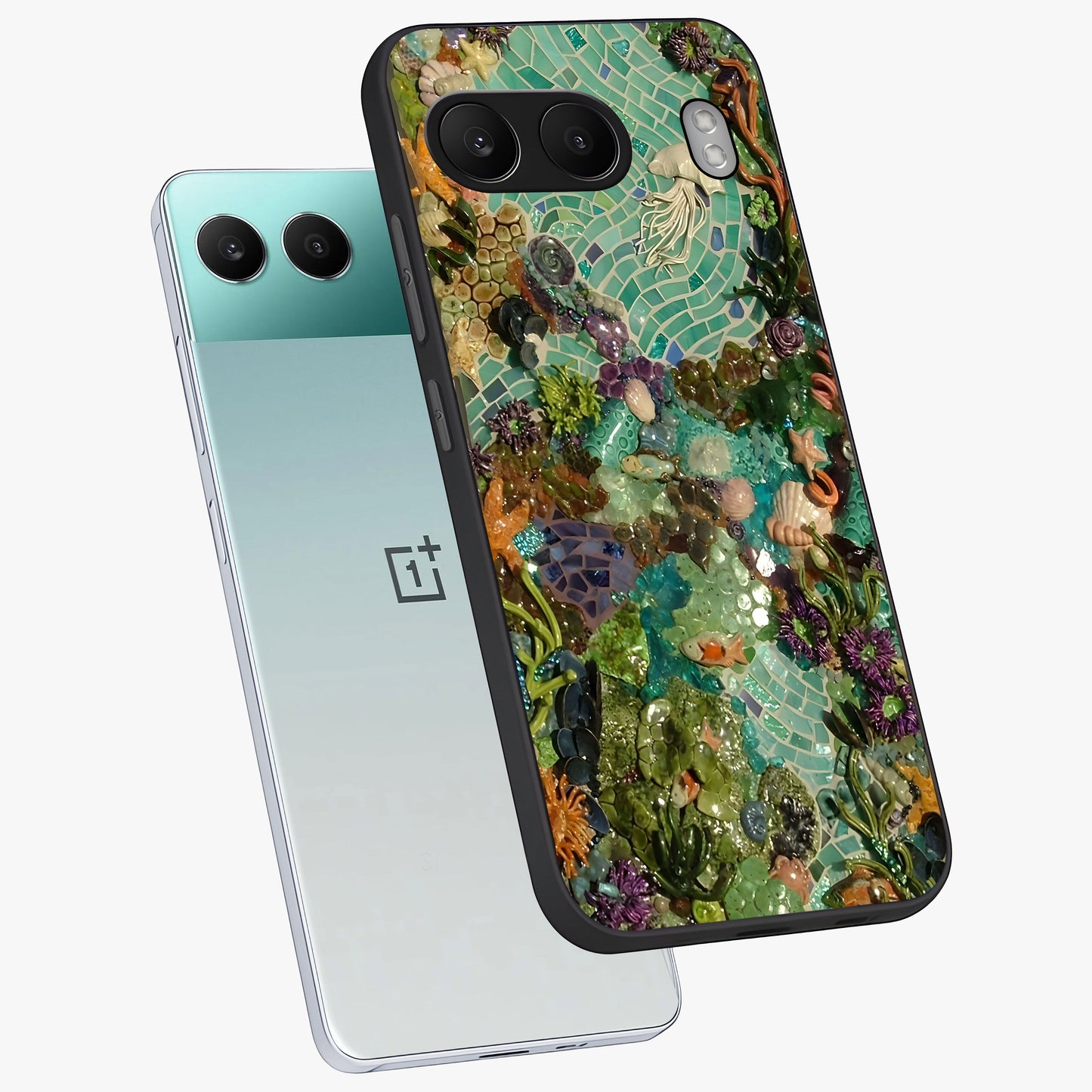 Underwater Mosaic Art Glass Case for 1+Nord 4 angled mockup showcasing glossy finish and vibrant aquatic tones