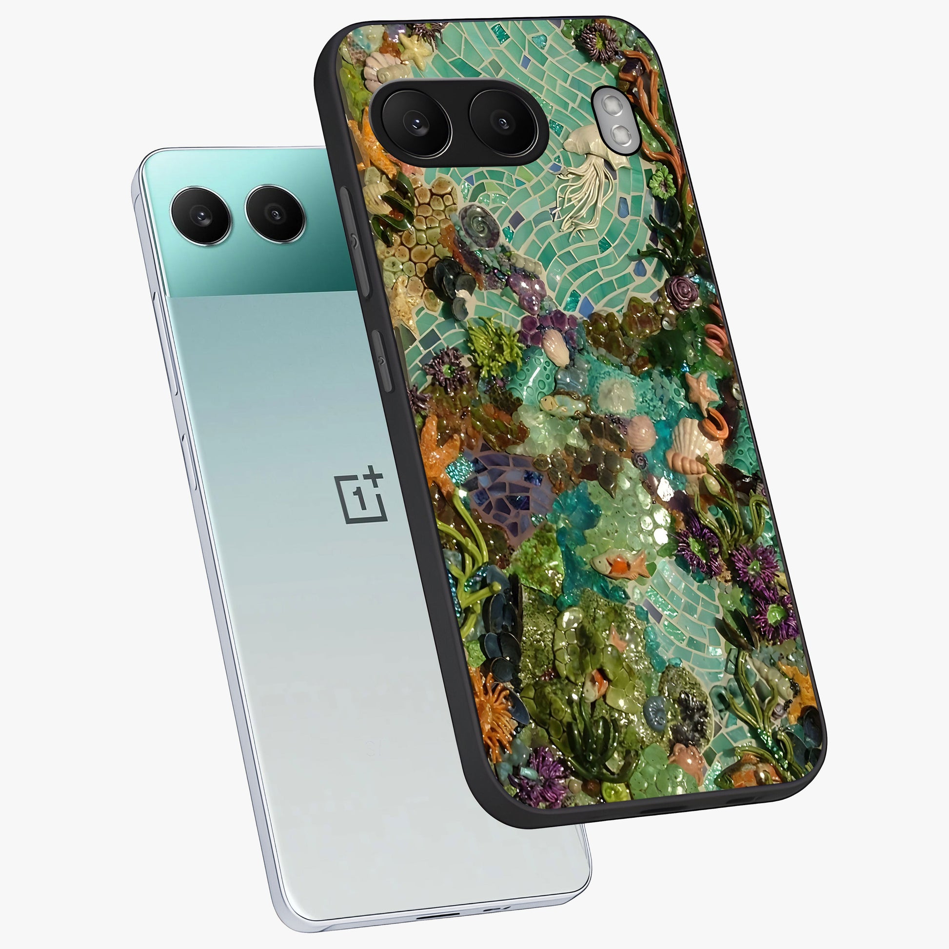 Underwater Mosaic Art Glass Case for 1+Nord 4 angled mockup showcasing glossy finish and vibrant aquatic tones