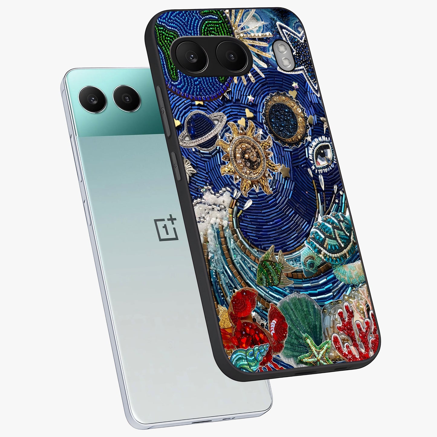 Universe Underwater Spark Glass Case for 1+Nord 4 angled mockup showcasing glossy finish and glowing blue gradients