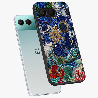 Universe Underwater Spark Glass Case for 1+Nord 4 angled mockup showcasing glossy finish and glowing blue gradients