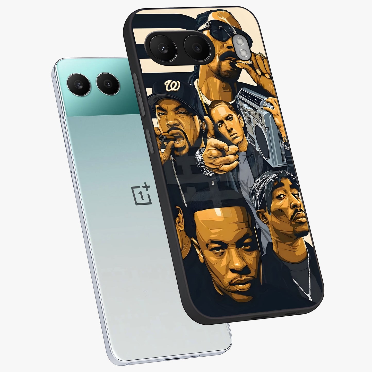 Urban Rap Legends Glass Case for 1+Nord 4 angled mockup showcasing glossy finish and edgy urban detailing