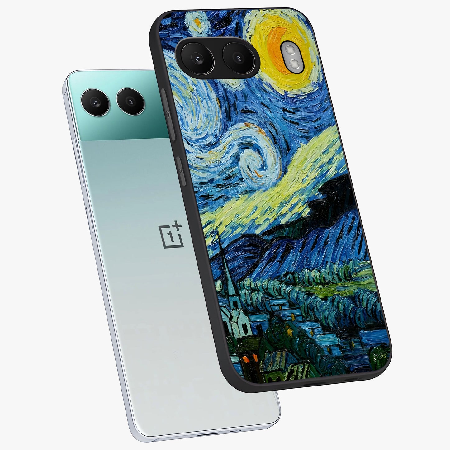 Van Gogh Art Glass Case for 1+Nord 4 angled mockup showcasing glossy finish and rich brushstroke textures