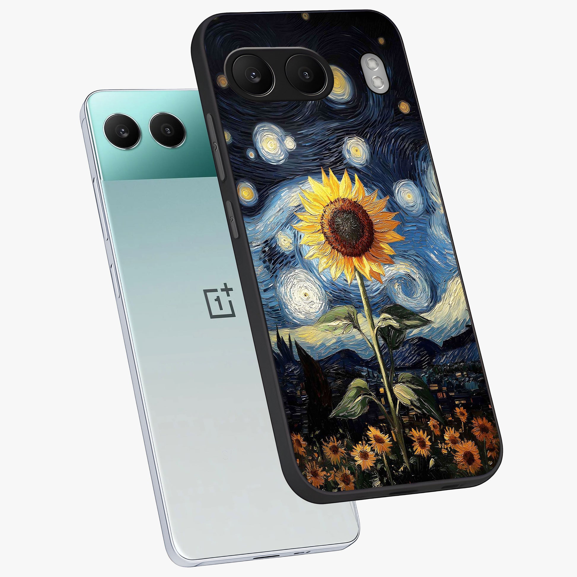 Van Gogh Sunflower Glass Case for 1+Nord 4 angled mockup showcasing glossy finish and bold yellow tones