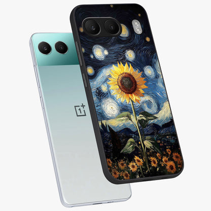 Van Gogh Sunflower Glass Case for 1+Nord 4 angled mockup showcasing glossy finish and bold yellow tones