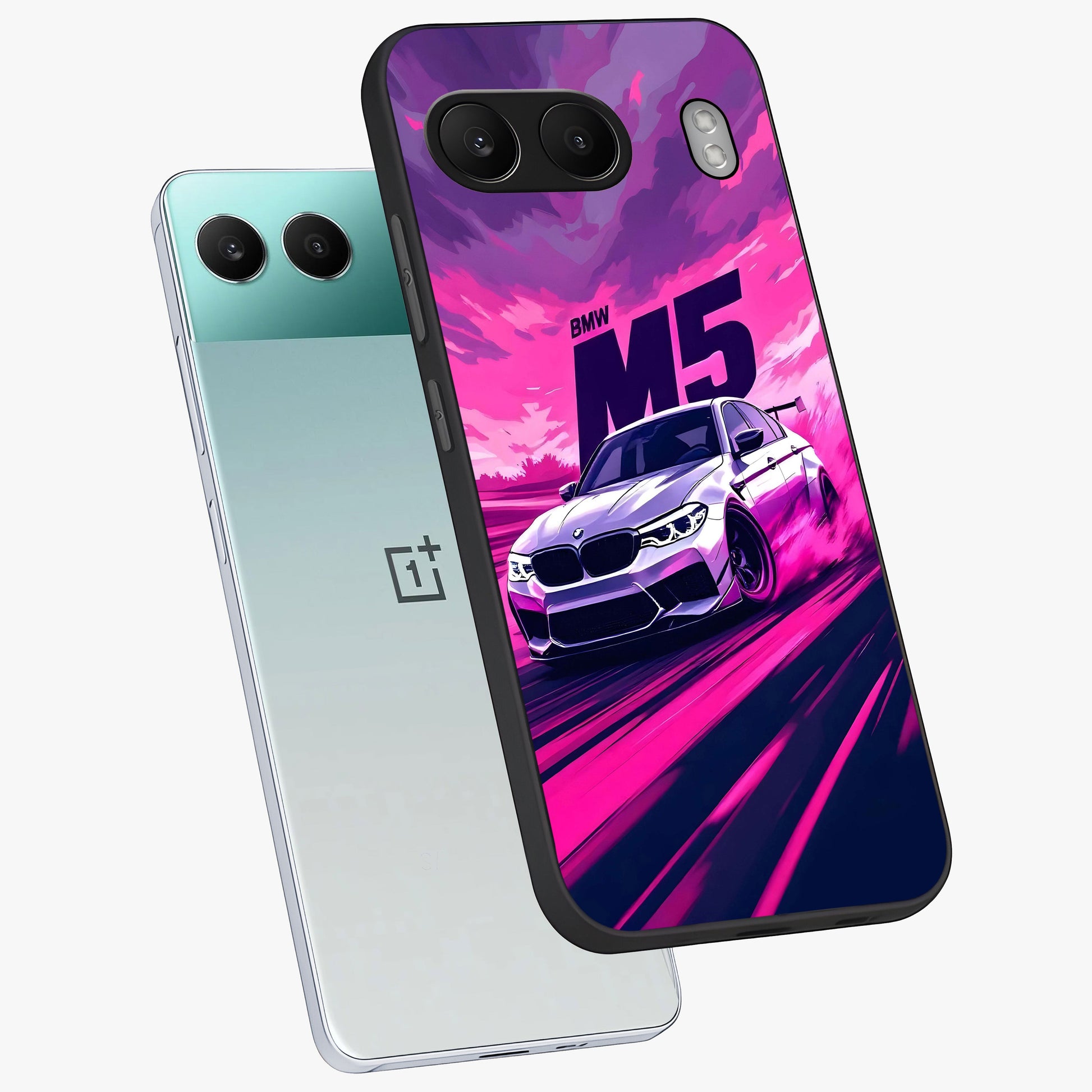 Velocity Drift Pulse Glass Case for 1+Nord 4 angled mockup showcasing glossy finish and bold speed gradients