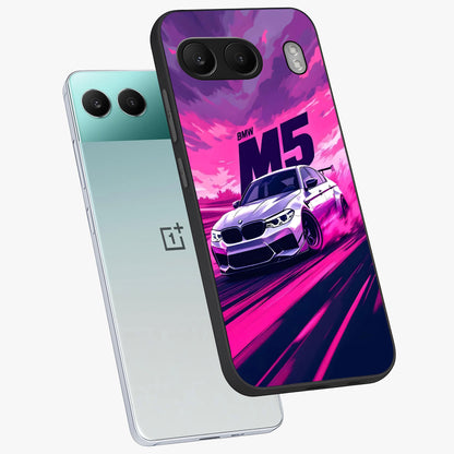 Velocity Drift Pulse Glass Case for 1+Nord 4 angled mockup showcasing glossy finish and bold speed gradients