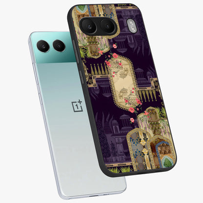 Velvet Mughal Art Glass Case for 1+Nord 4 angled mockup showcasing glossy finish and rich heritage tones