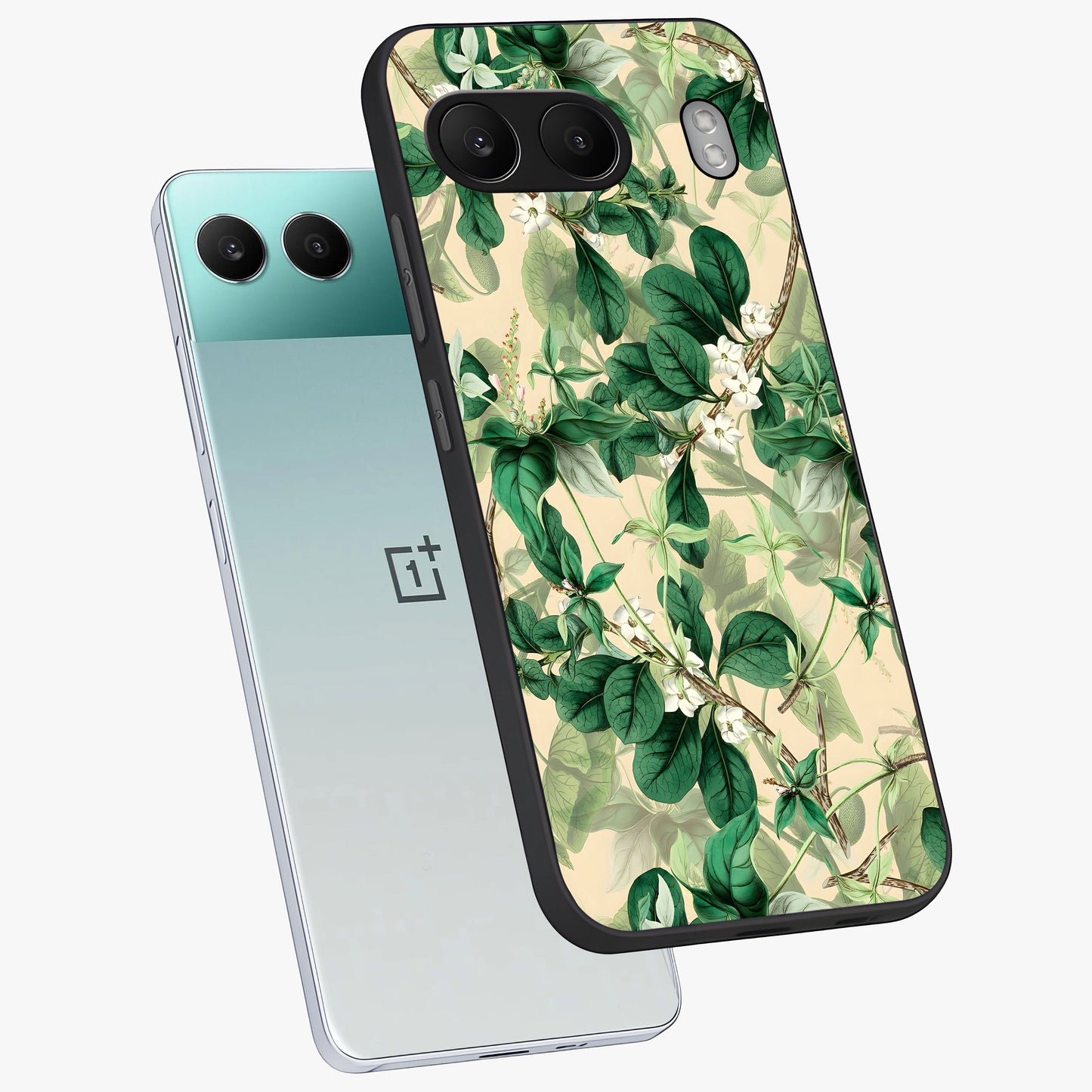 Verdant Garden Whispers Glass Case for 1+Nord 4 angled mockup showcasing glossy finish and natural earthy tones