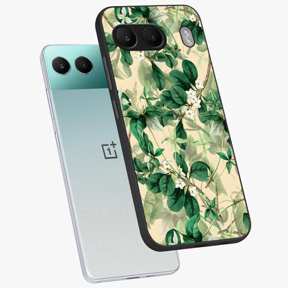 Verdant Garden Whispers Glass Case for 1+Nord 4 angled mockup showcasing glossy finish and natural earthy tones