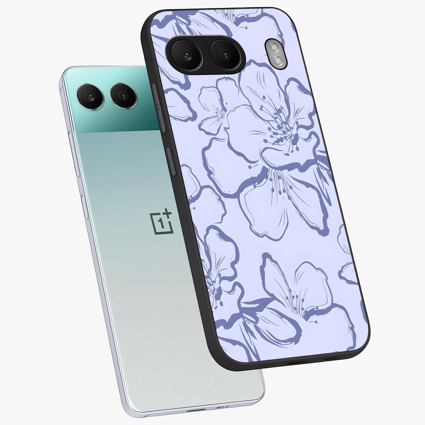 Violet Sketch Garden Glass Case for 1+Nord 4 angled mockup showcasing glossy finish and delicate line detailing