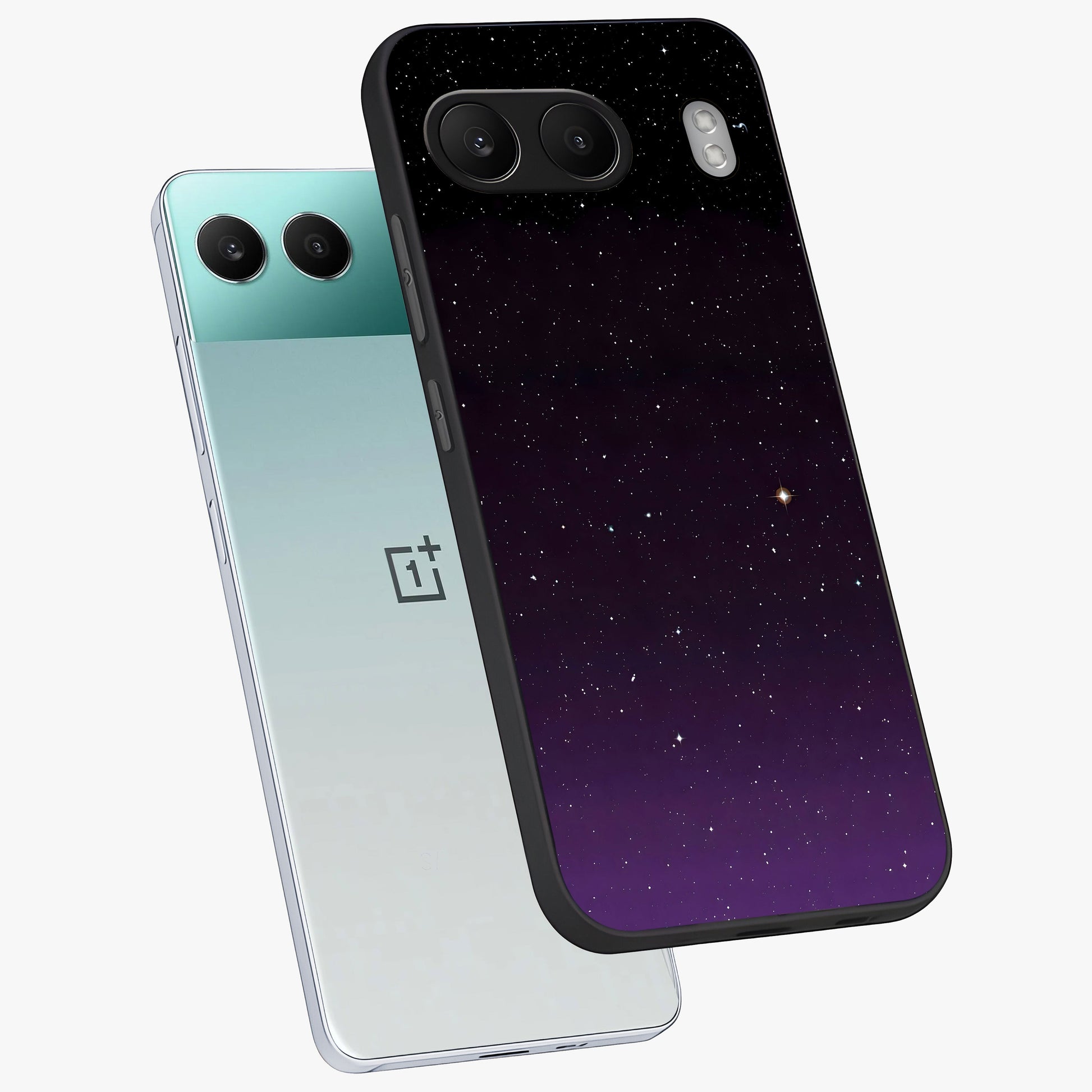 Violet and Black Shade Glass Case for 1+Nord 4 angled mockup showcasing glossy finish and dramatic contrast tones