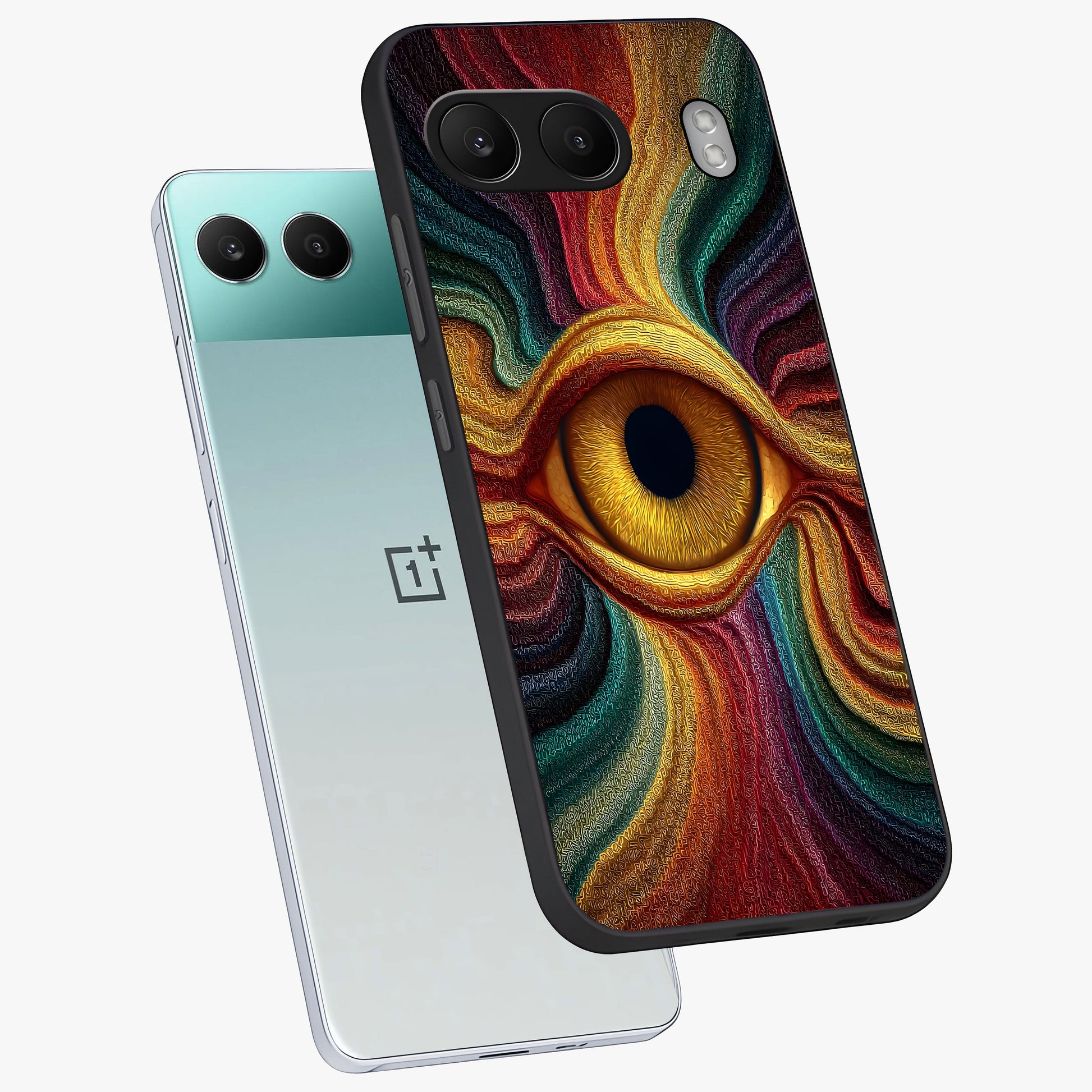 Visionary Flame Core Glass Case for 1+Nord 4 angled mockup showcasing glossy finish and bold glowing gradients
