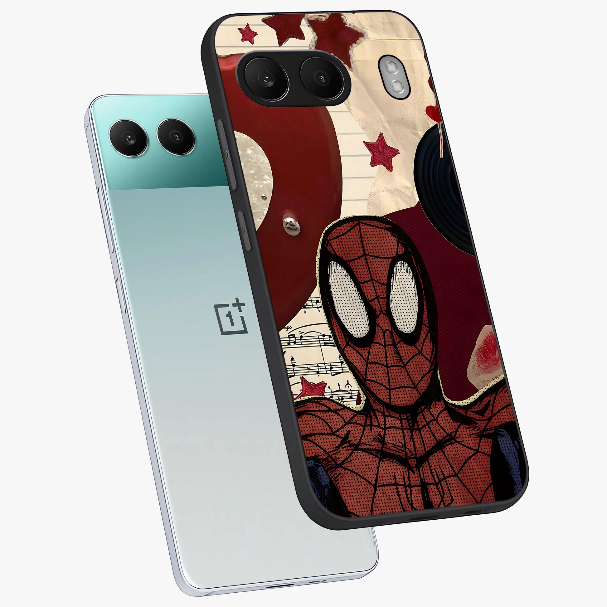 Web Warrior Vibes Glass Case for 1+Nord 4 angled mockup showcasing glossy finish and bold comic style detailing