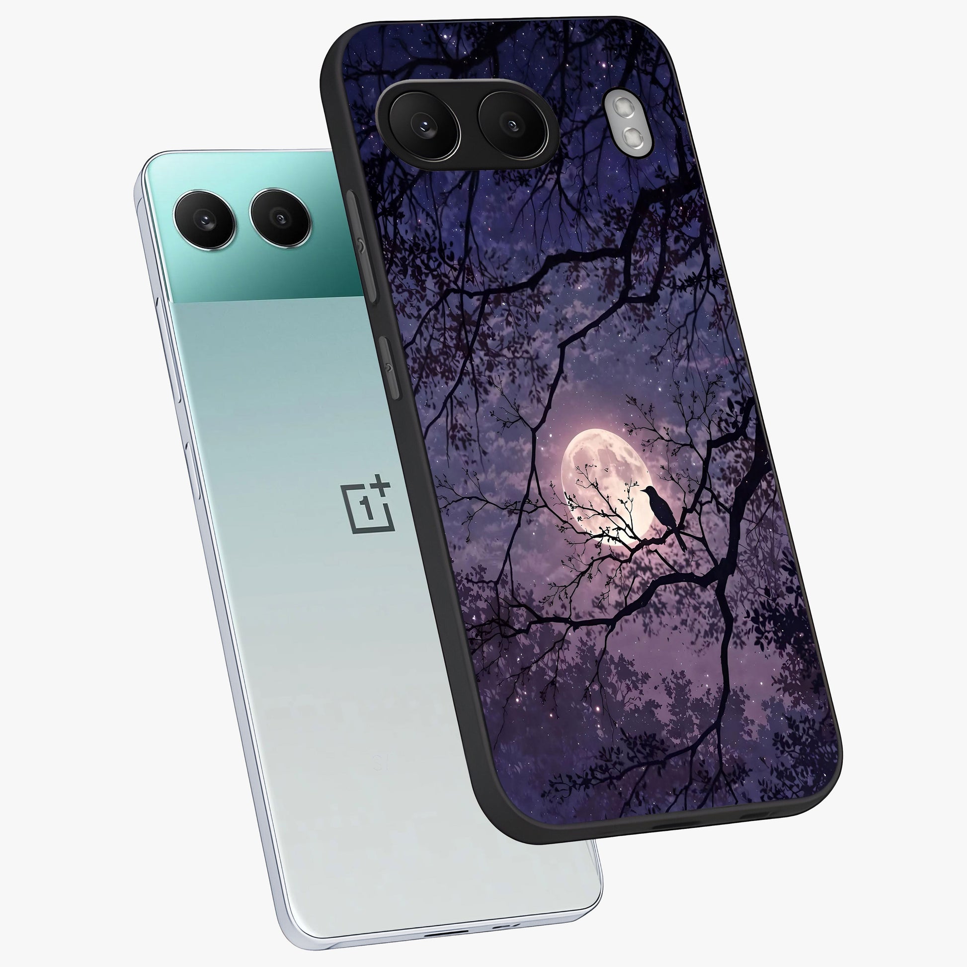 Whispering Moon Silence Glass Case for 1+Nord 4 angled mockup showcasing glossy finish and subtle celestial detailing