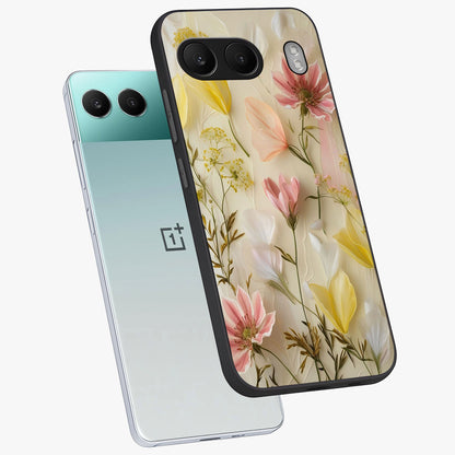 Whispering Petal Harmony Glass Case for 1+Nord 4 angled mockup showcasing glossy finish and delicate bloom detailing