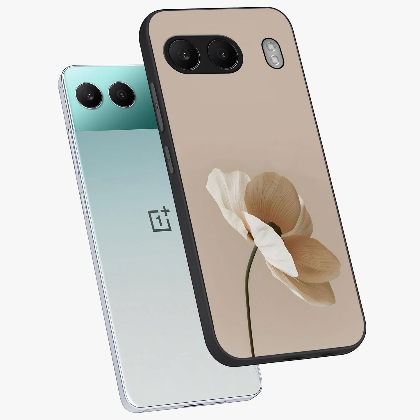 Whispering Petals Glass Case for 1+Nord 4 angled mockup showcasing glossy finish and muted romantic tones