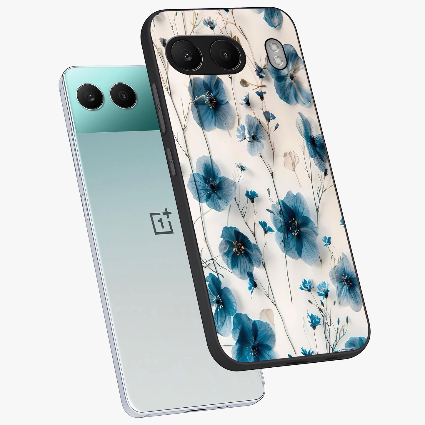 Whispers of Blue Bloom Glass Case for 1+Nord 4 angled mockup showcasing glossy finish and cool sapphire tones