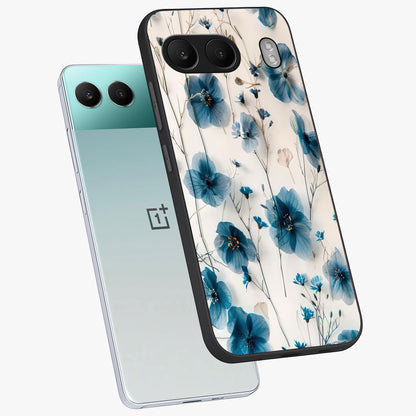 Whispers of Blue Bloom Glass Case for 1+Nord 4 angled mockup showcasing glossy finish and cool sapphire tones