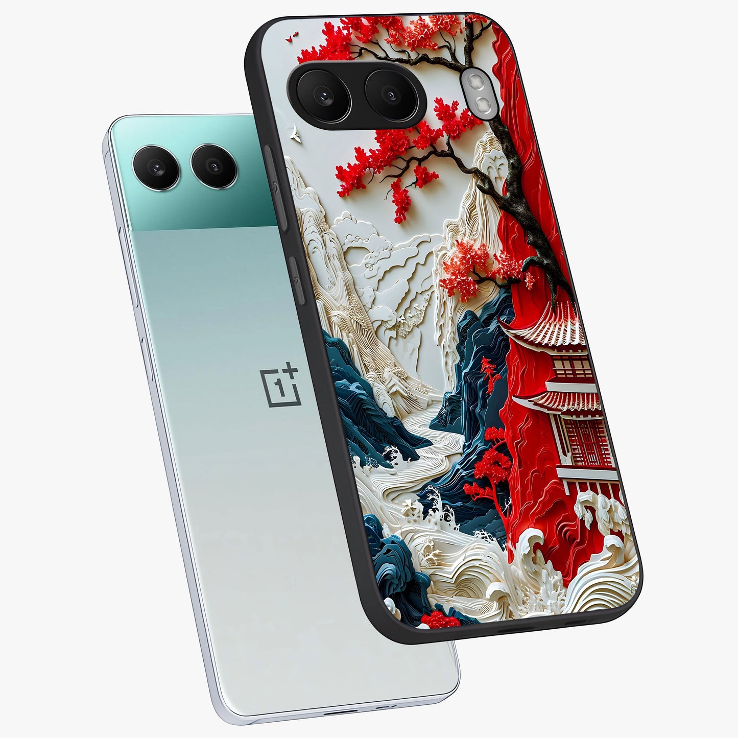 Whispers of Sakura Waves Glass Case for 1+Nord 4 angled mockup showcasing glossy finish and soft pink gradients