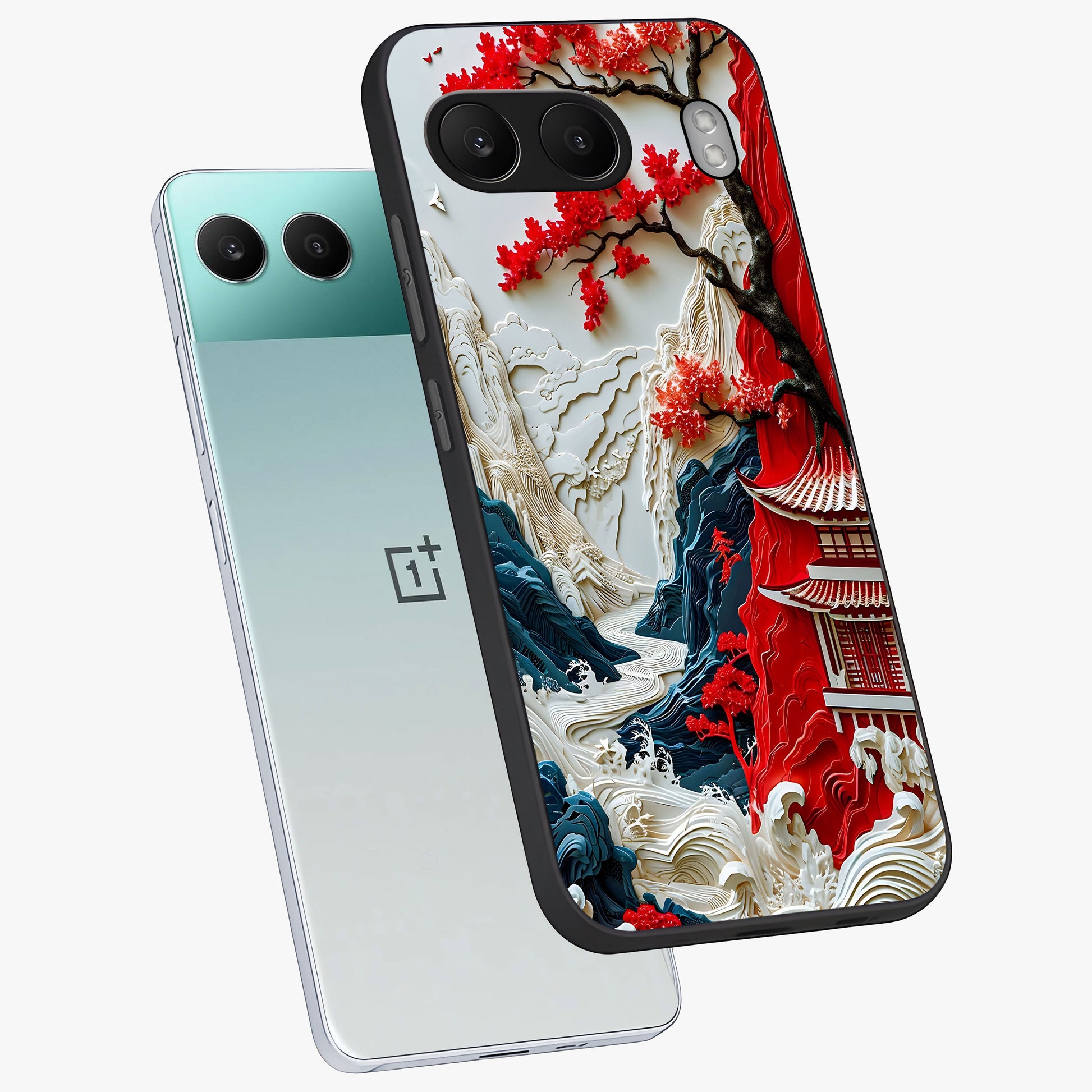 Whispers of Sakura Waves Glass Case for 1+Nord 4 angled mockup showcasing glossy finish and soft pink gradients