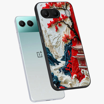 Whispers of Sakura Waves Glass Case for 1+Nord 4 angled mockup showcasing glossy finish and soft pink gradients