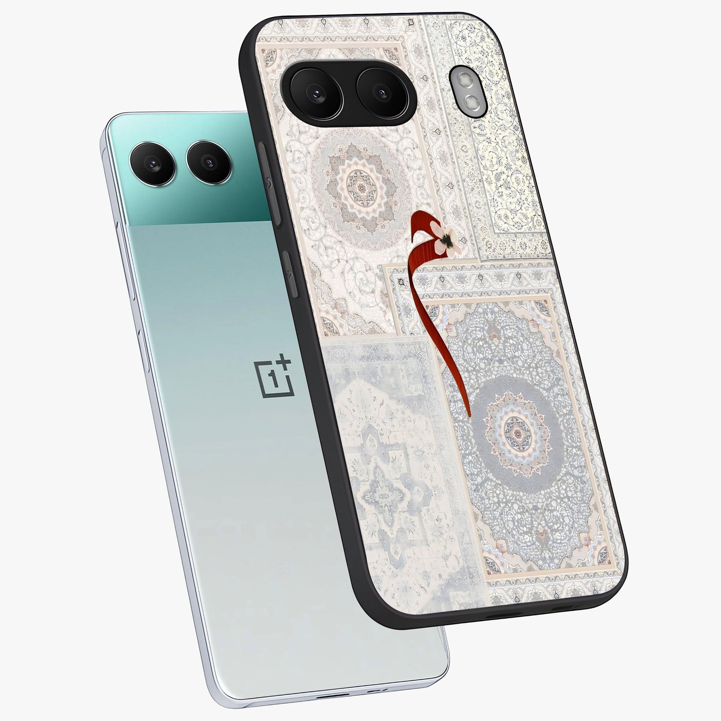 White Aesthetic Bow Glass Case for 1+Nord 4 angled mockup showcasing glossy finish and elegant pastel detailing