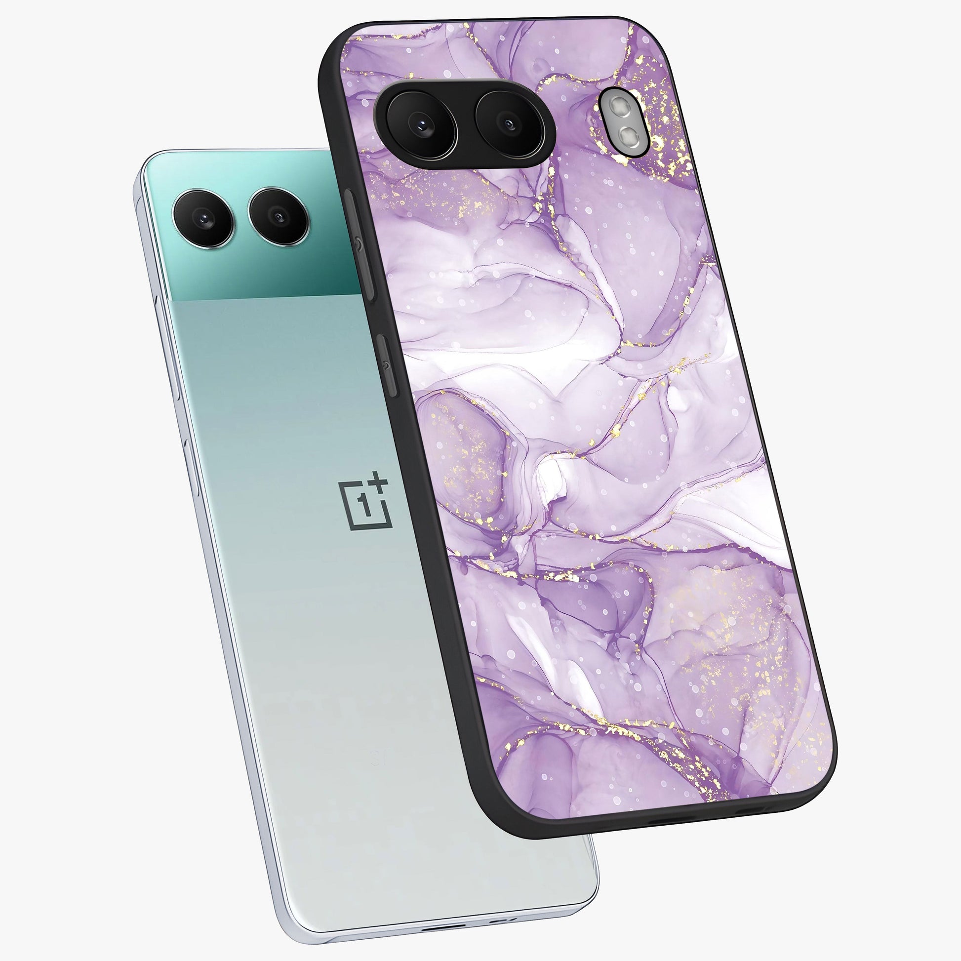 White and Purple Marble Glass Case for 1+Nord 4 angled mockup showcasing glossy finish and refined stone detailing