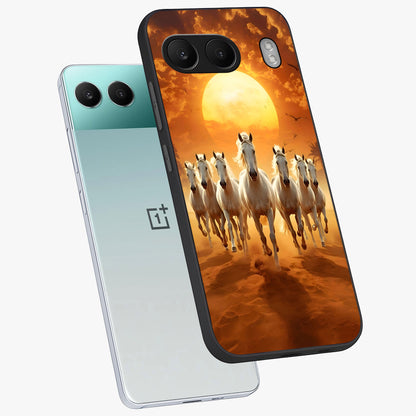 Wild Sunset Majesty Glass Case for 1+Nord 4 angled mockup showcasing glossy finish and warm fiery gradients