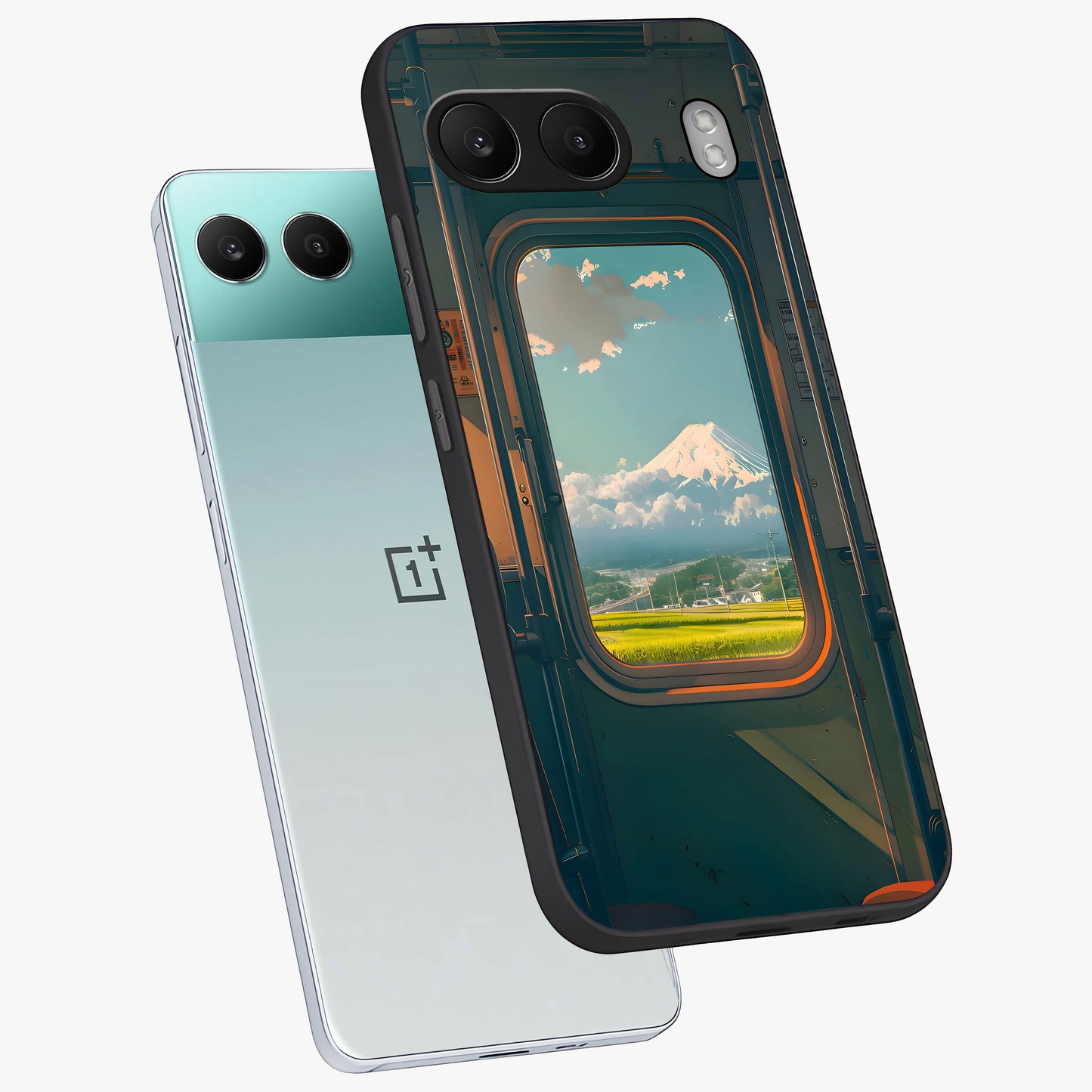 Window to Fuji Glass Case for 1+Nord 4 angled mockup showcasing glossy finish and serene landscape tones
