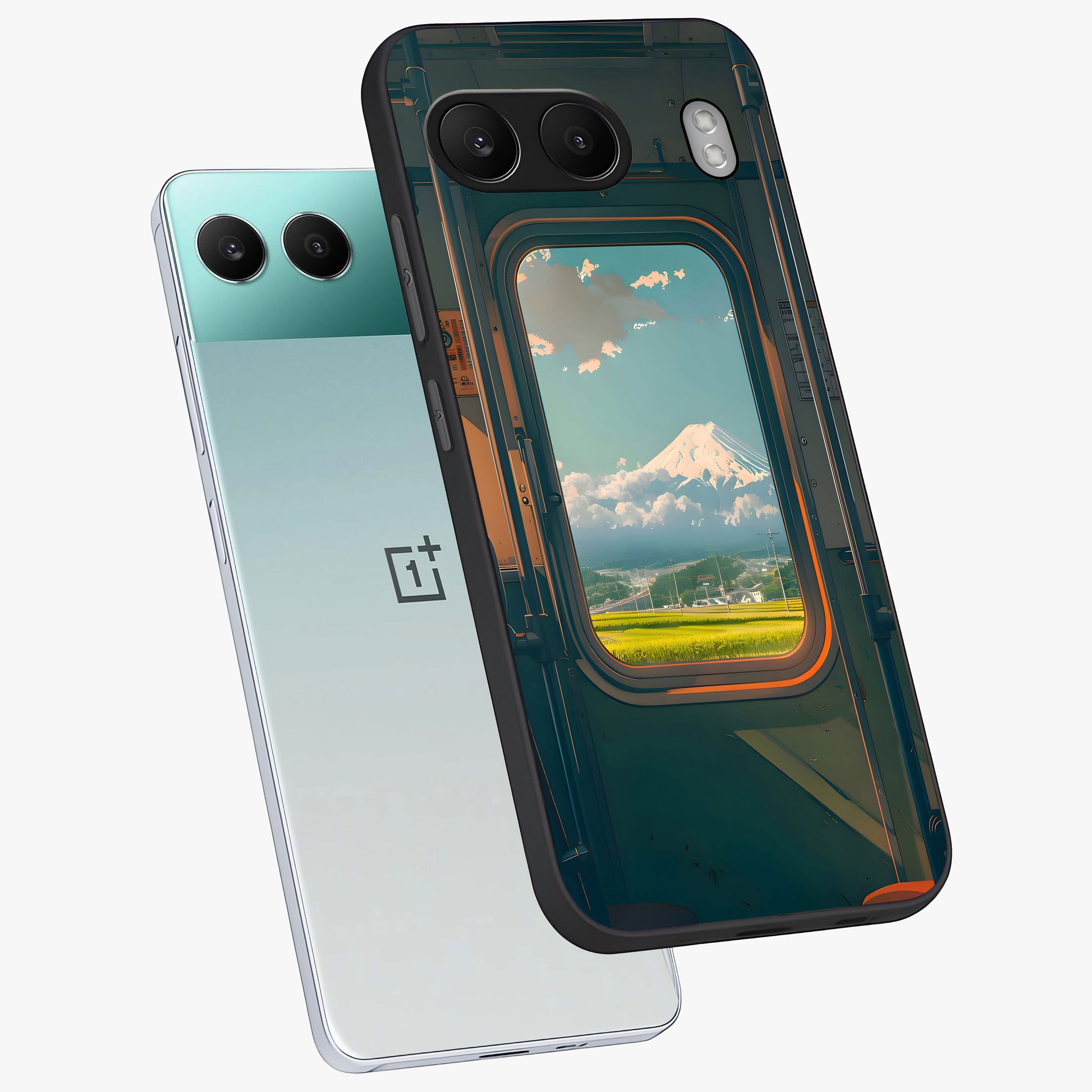 Window to Fuji Glass Case for 1+Nord 4 angled mockup showcasing glossy finish and serene landscape tones