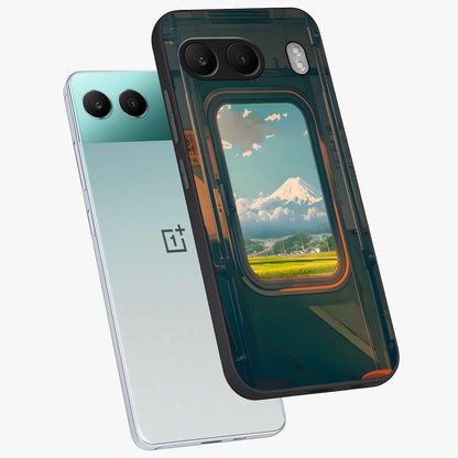 Window to Fuji Glass Case for 1+Nord 4 angled mockup showcasing glossy finish and serene landscape tones
