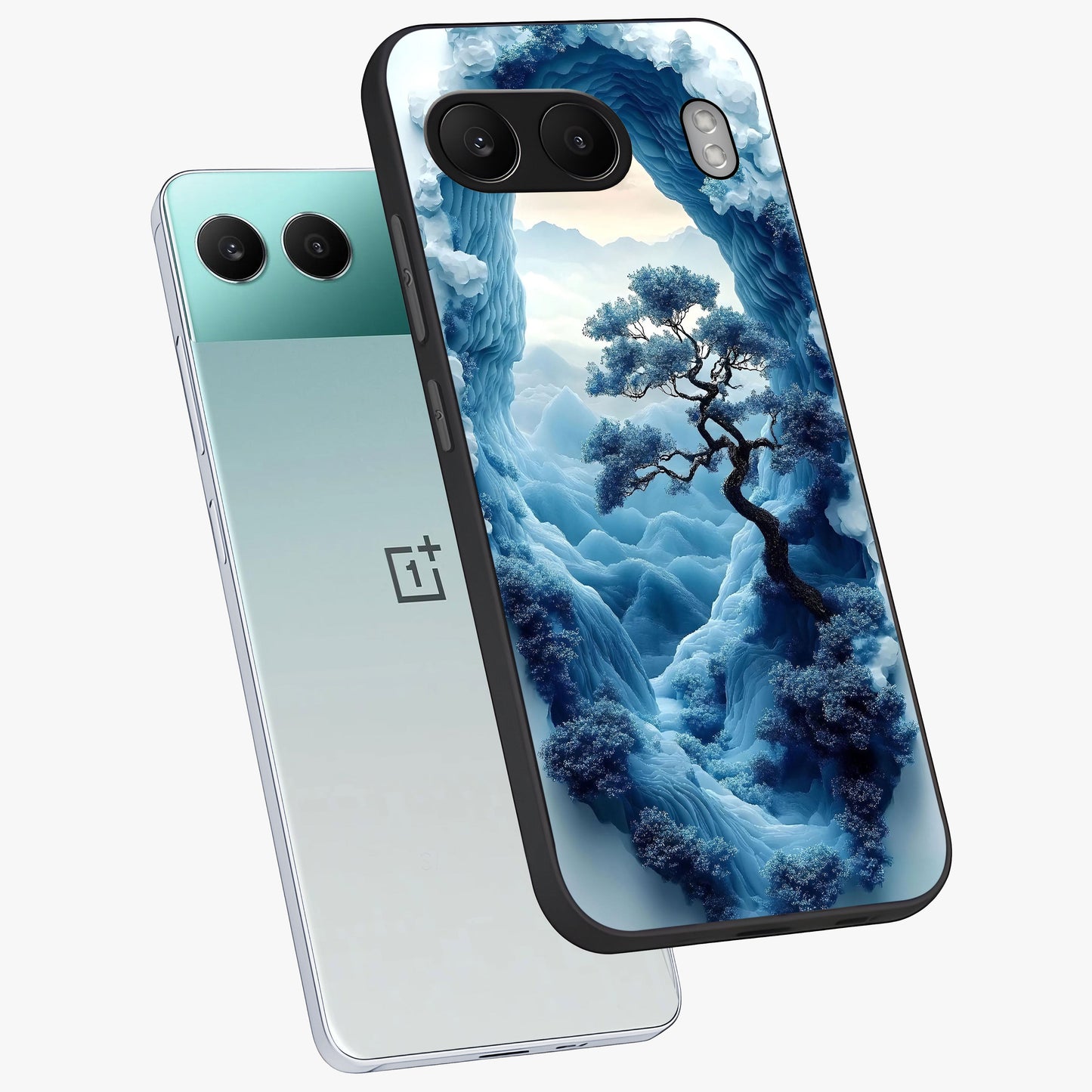 Winter Gate View Glass Case for 1+Nord 4 angled mockup showcasing glossy finish and cool winter gradients