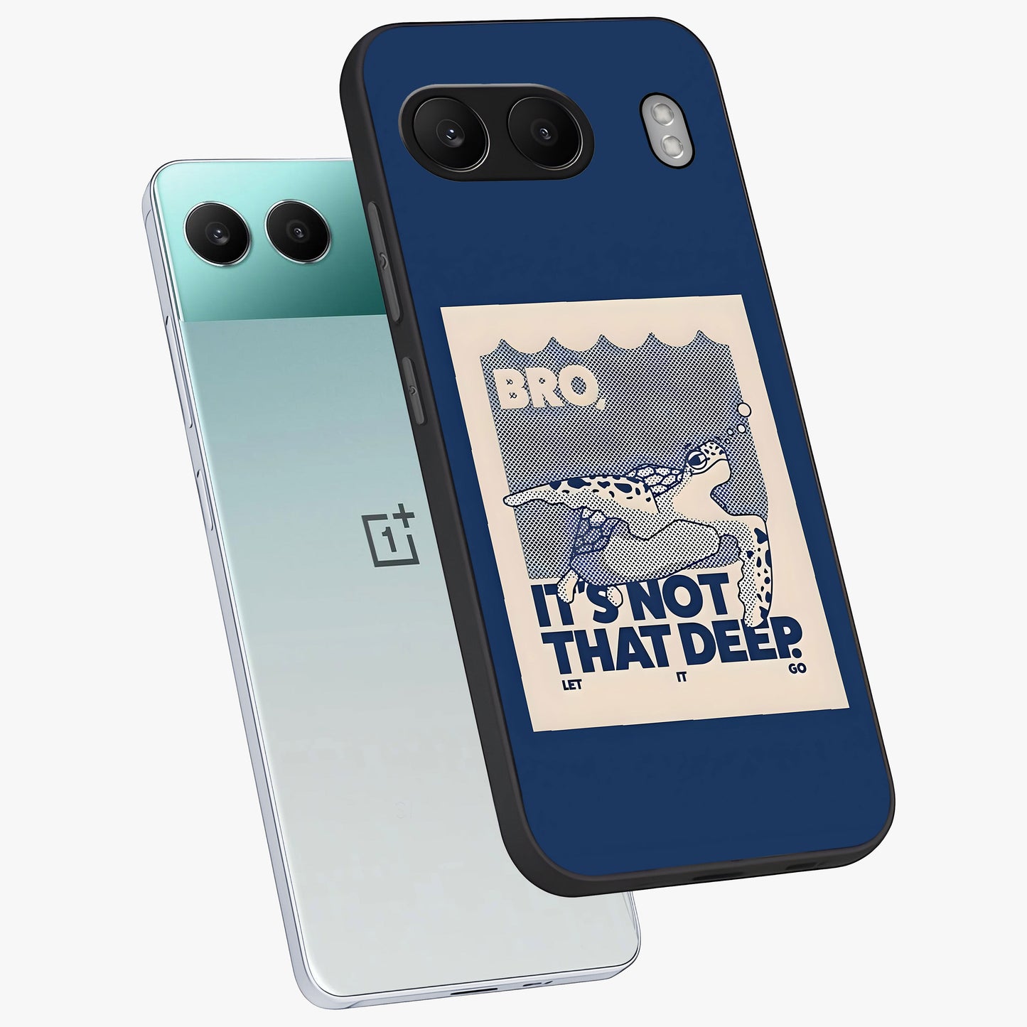 Worry Less Swim Glass Case for 1+Nord 4 angled mockup showcasing glossy finish and fresh ocean tones