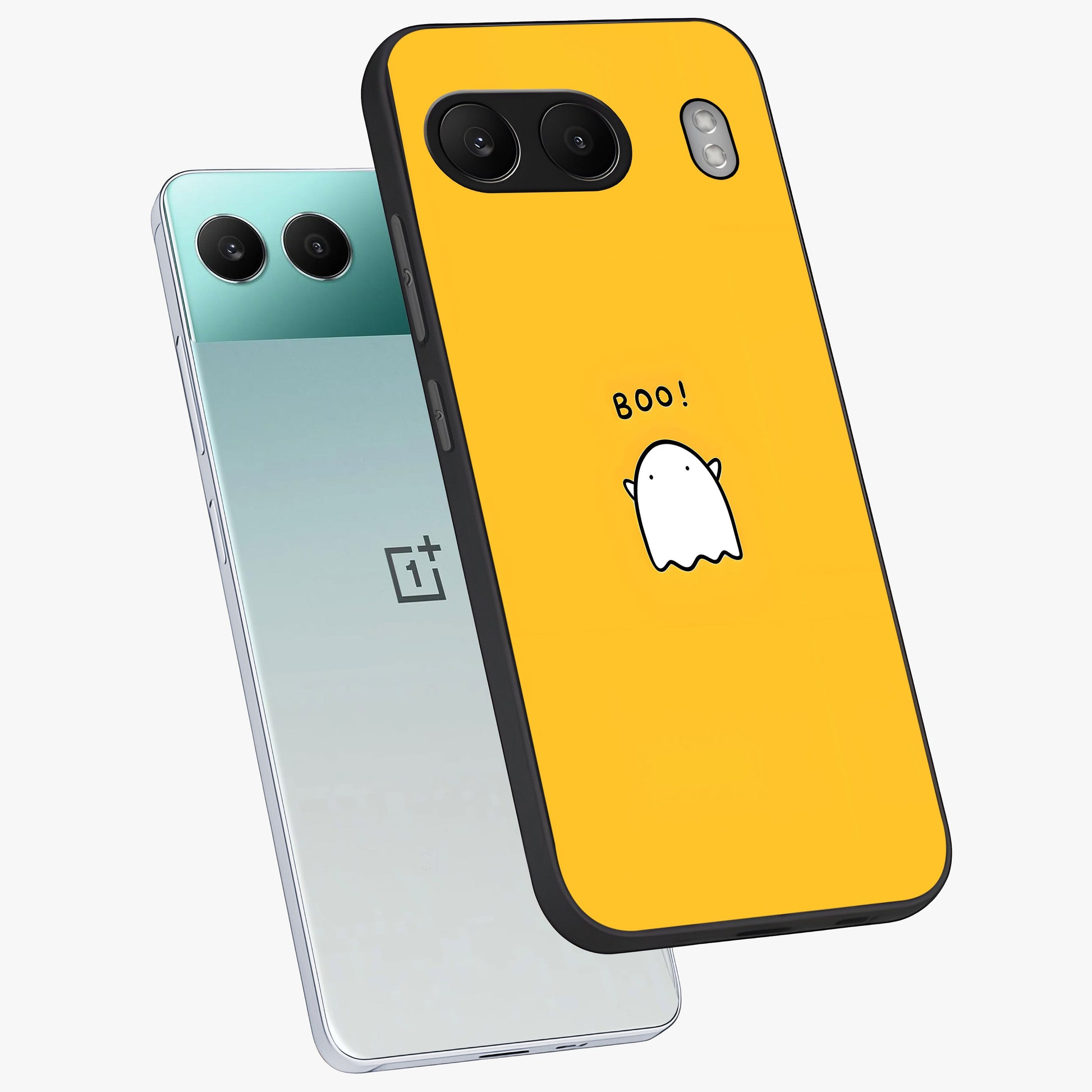 Yellow Boo Ghost Glass Case for 1+Nord 4 angled mockup showcasing glossy finish and fun animated detailing