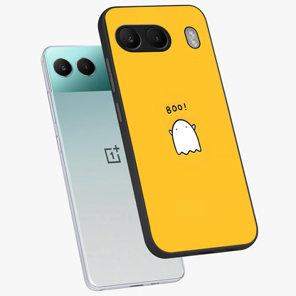 Yellow Boo Ghost Glass Case for 1+Nord 4 angled mockup showcasing glossy finish and fun animated detailing