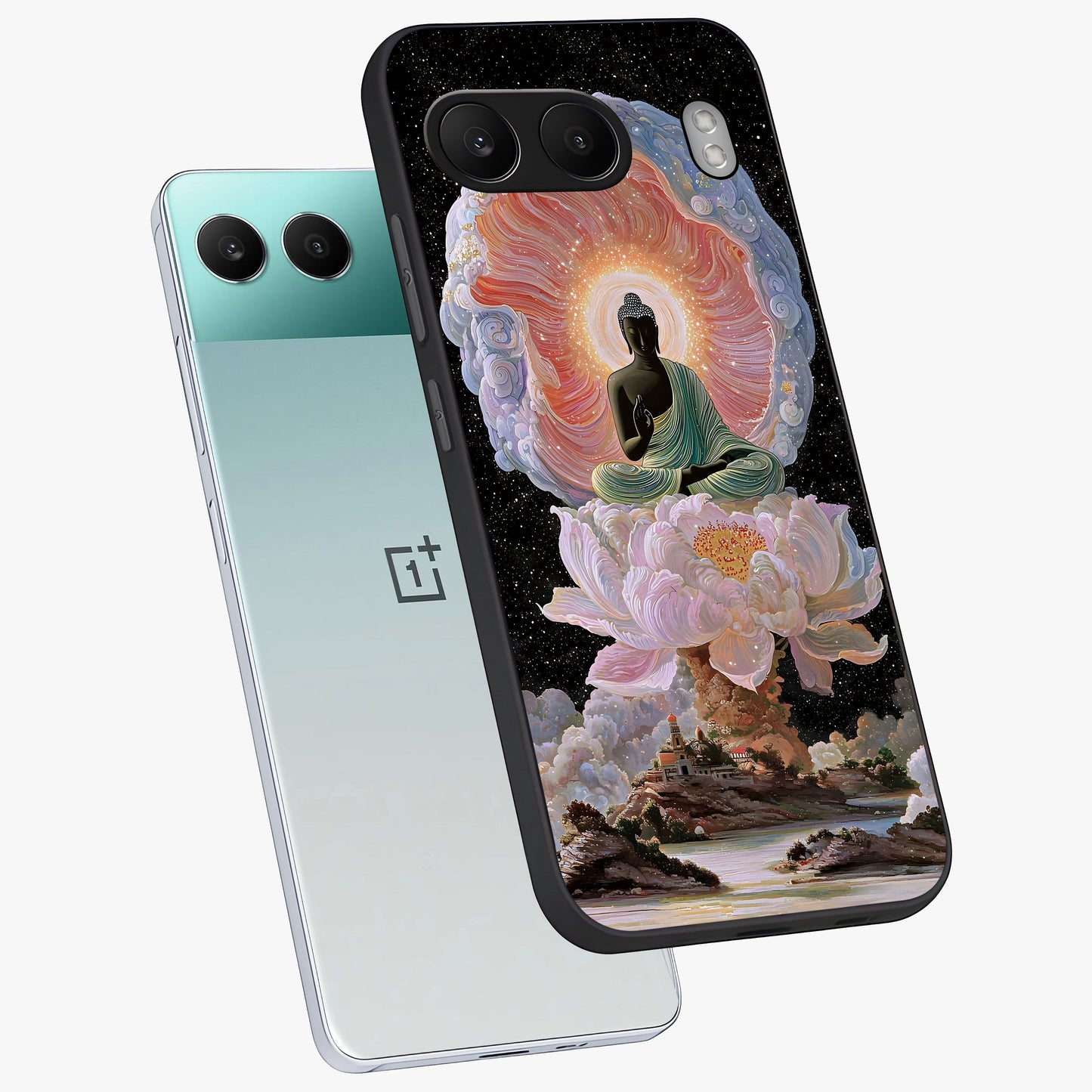 Zen Lotus Realm Glass Case for 1+Nord 4 angled mockup showcasing glossy finish and serene gradient detailing