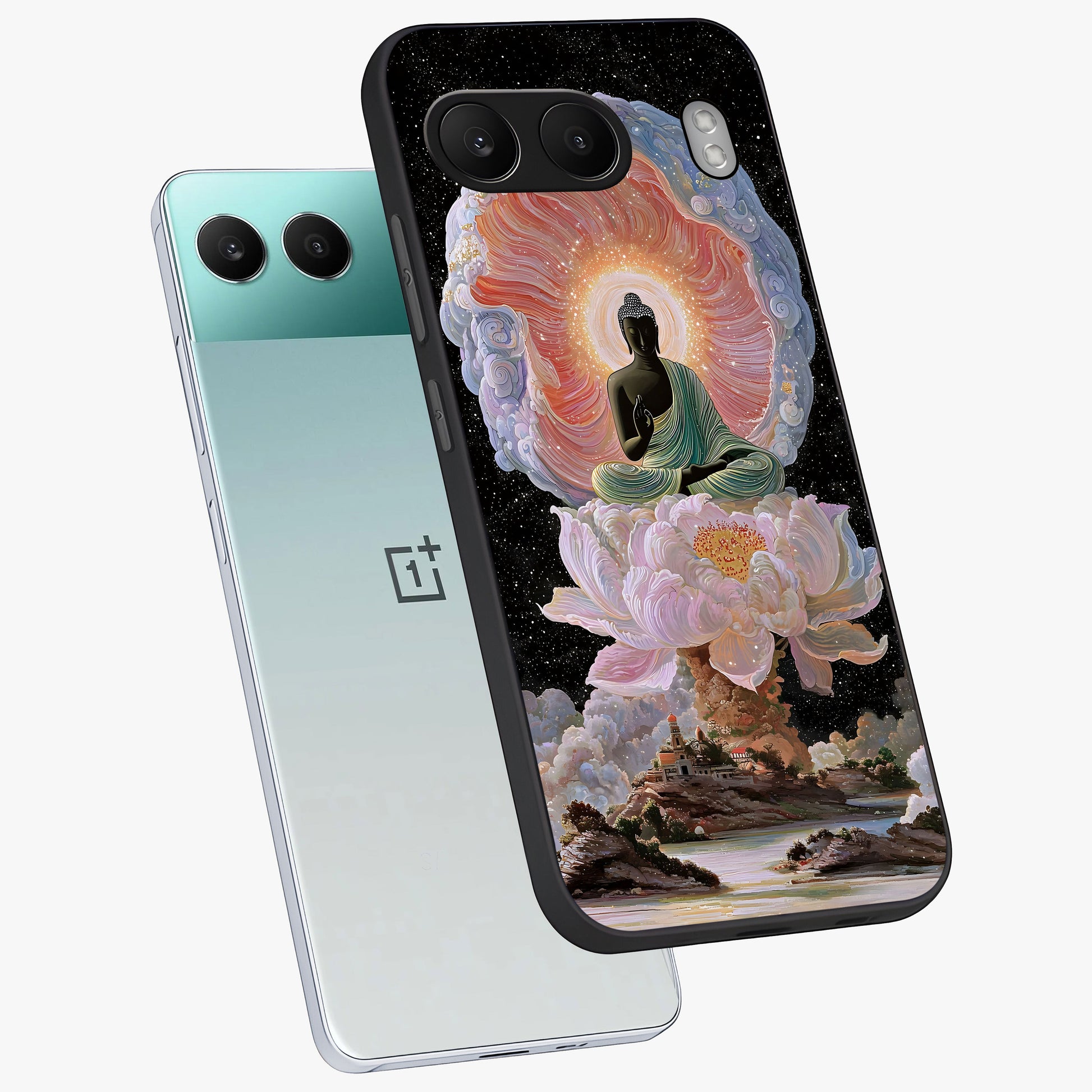 Zen Lotus Realm Glass Case for 1+Nord 4 angled mockup showcasing glossy finish and serene gradient detailing