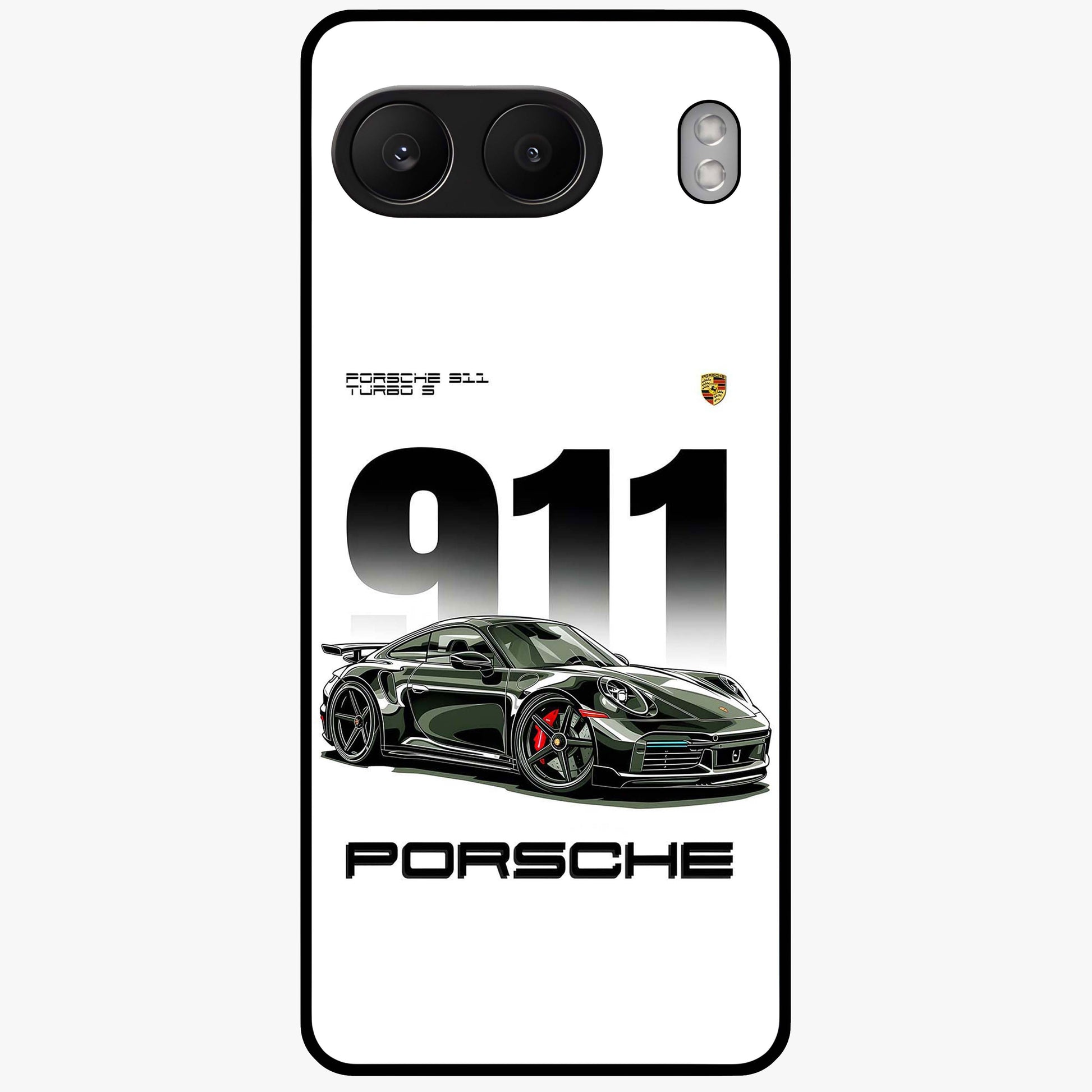 911 Turbo Dominance Glass Case for 1+Nord 4 bold front view featuring large 911 graphic and detailed green Porsche sports car artwork