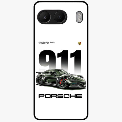 911 Turbo Dominance Glass Case for 1+Nord 4 bold front view featuring large 911 graphic and detailed green Porsche sports car artwork