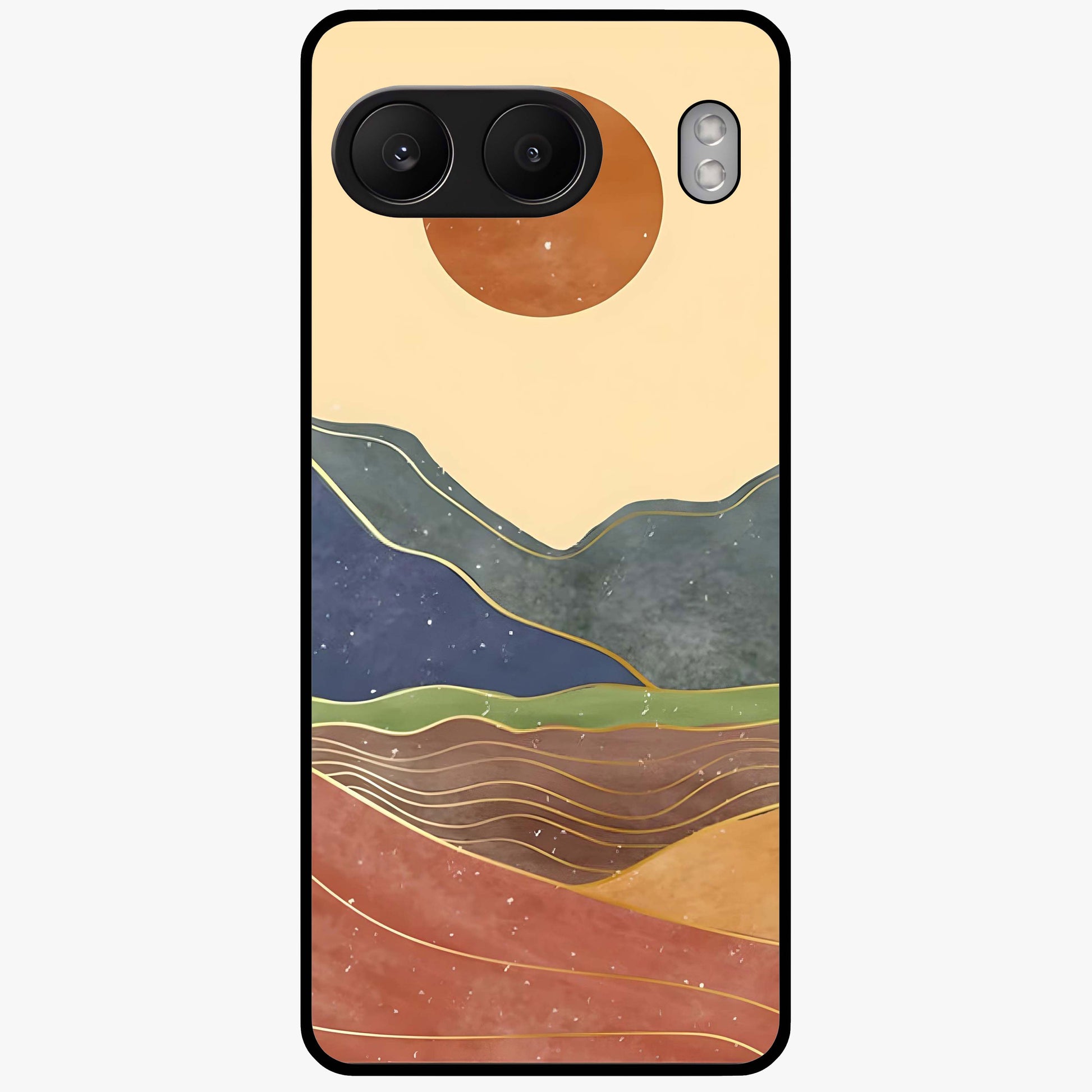 Abstract Mountain Glow Glass Case for 1+Nord 4 front view featuring glowing mountain landscape artwork
