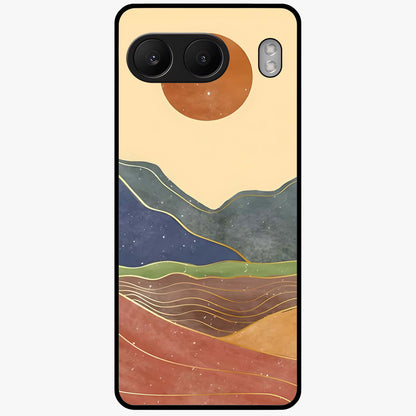 Abstract Mountain Glow Glass Case for 1+Nord 4 front view featuring glowing mountain landscape artwork
