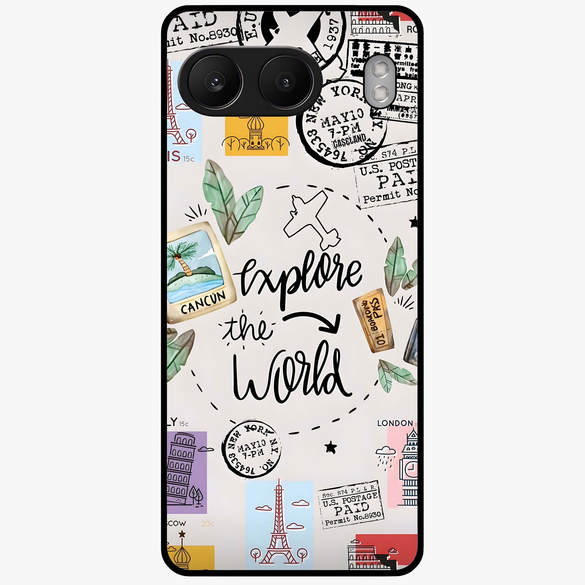 Adventure Awaits Art Glass Case for 1+Nord 4 front view featuring bold travel inspired typography artwork