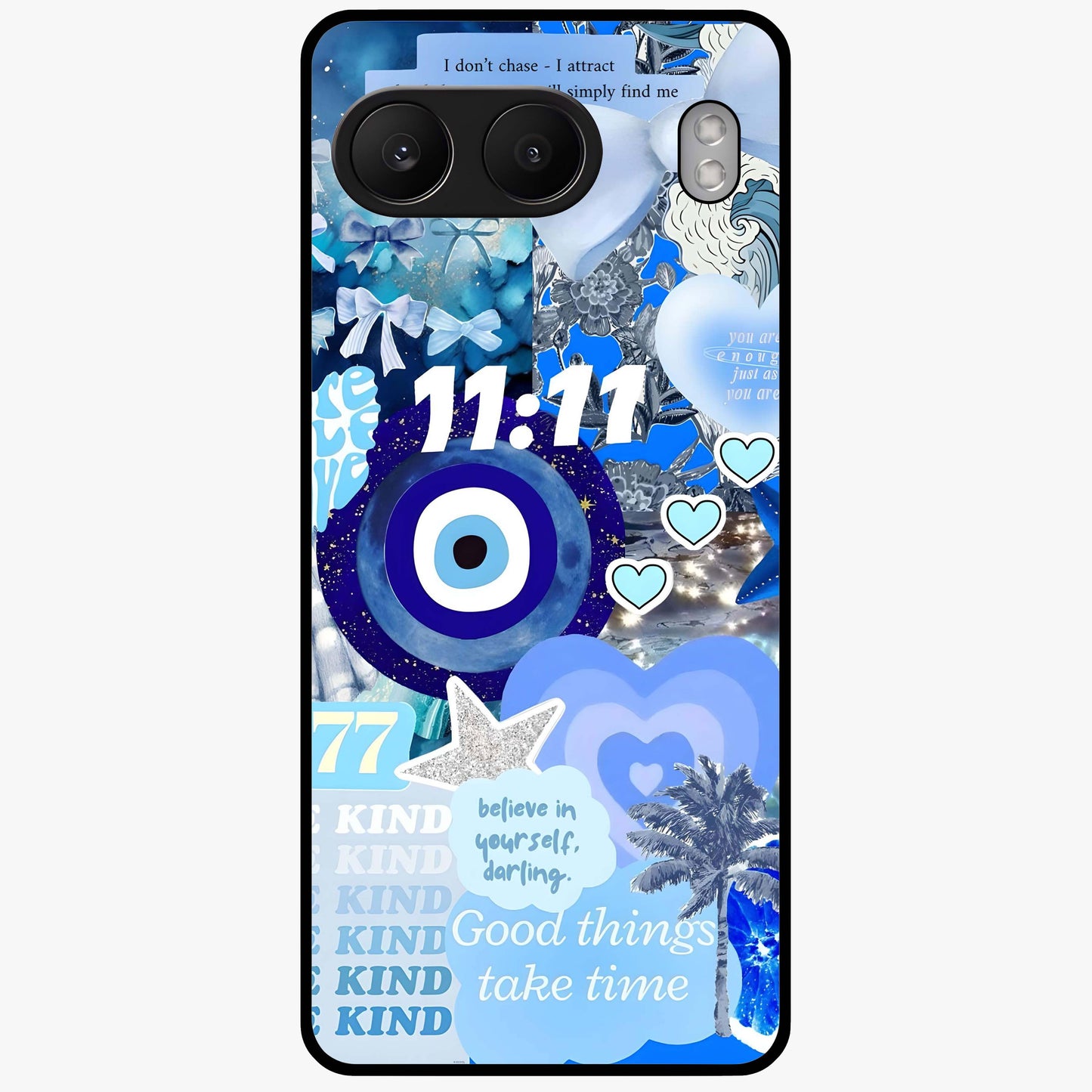 Aesthetic Be Kind Eye Glass Case for 1+Nord 4 front view featuring minimal eye illustration with positive message