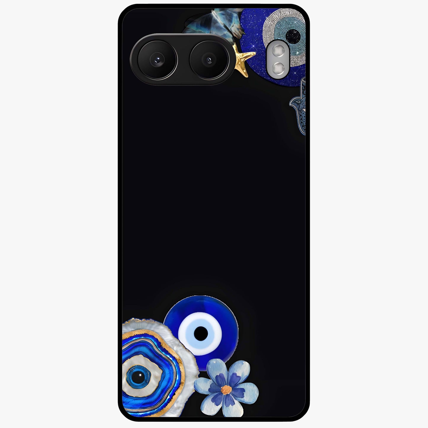 Aesthetic Blue Evil Eye Glass Case for 1+Nord 4 front view featuring vibrant traditional evil eye artwork