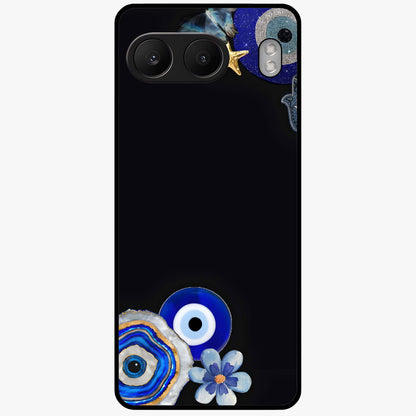Aesthetic Blue Evil Eye Glass Case for 1+Nord 4 front view featuring vibrant traditional evil eye artwork