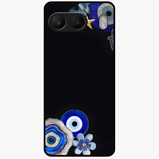 Aesthetic Blue Evil Eye Glass Case for 1+Nord 4 front view featuring vibrant traditional evil eye artwork