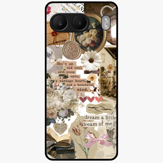 Aesthetic Brown Vintage Collage Glass Case for 1+Nord 4 front view featuring retro collage artwork in earthy tones