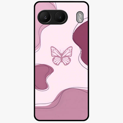 Aesthetic Pinkish Custom Name Butterfly Glass Case for 1+Nord 4 elegant front view featuring pink butterfly artwork with personalized name design