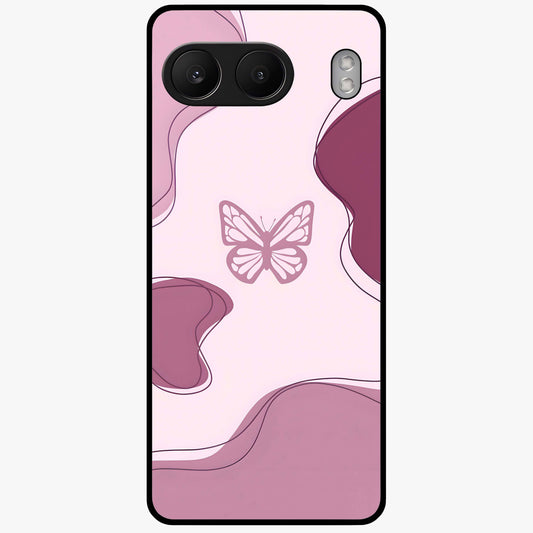 Aesthetic Pinkish Custom Name Butterfly Glass Case for 1+Nord 4 elegant front view featuring pink butterfly artwork with personalized name design